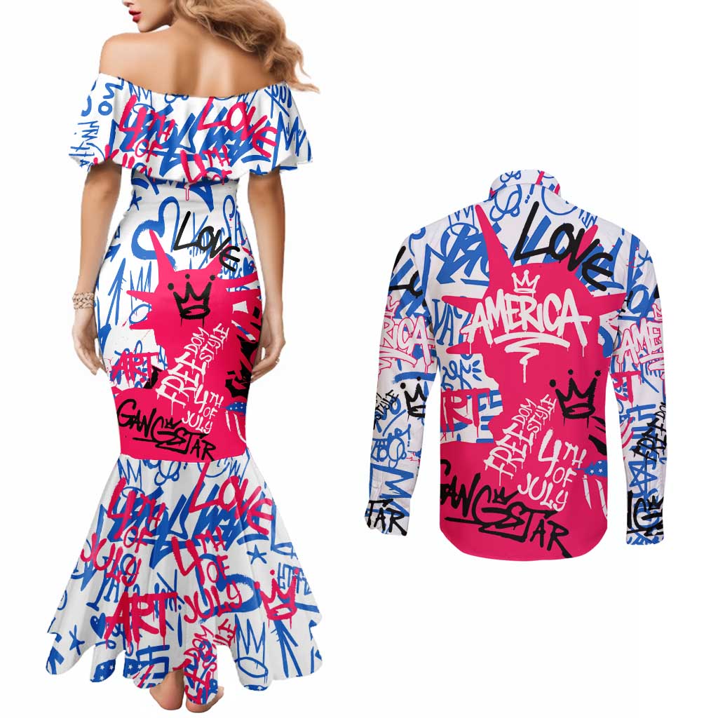 Statue of Liberty Graffiti Street Art Couples Matching Mermaid Dress and Long Sleeve Button Shirt America Text and 4th of July Theme in Red White and Blue Design - Wonder Print Shop