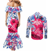 Statue of Liberty Graffiti Street Art Couples Matching Mermaid Dress and Long Sleeve Button Shirt America Text and 4th of July Theme in Red White and Blue Design - Wonder Print Shop