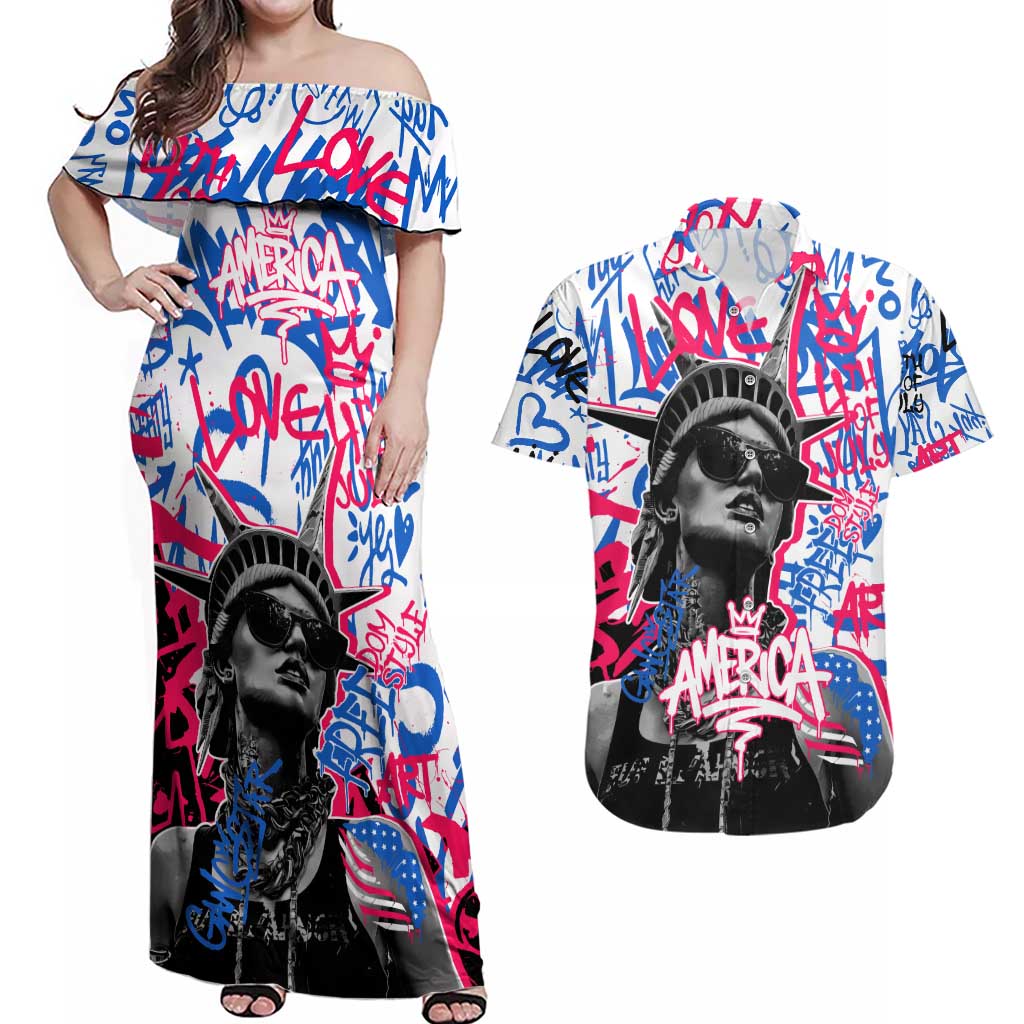Statue of Liberty Graffiti Street Art Couples Matching Off Shoulder Maxi Dress and Hawaiian Shirt America Text and 4th of July Theme in Red White and Blue Design - Wonder Print Shop