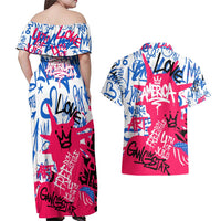 Statue of Liberty Graffiti Street Art Couples Matching Off Shoulder Maxi Dress and Hawaiian Shirt America Text and 4th of July Theme in Red White and Blue Design - Wonder Print Shop