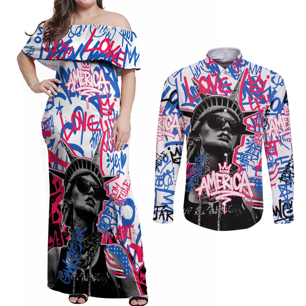 Statue of Liberty Graffiti Street Art Couples Matching Off Shoulder Maxi Dress and Long Sleeve Button Shirt America Text and 4th of July Theme in Red White and Blue Design - Wonder Print Shop