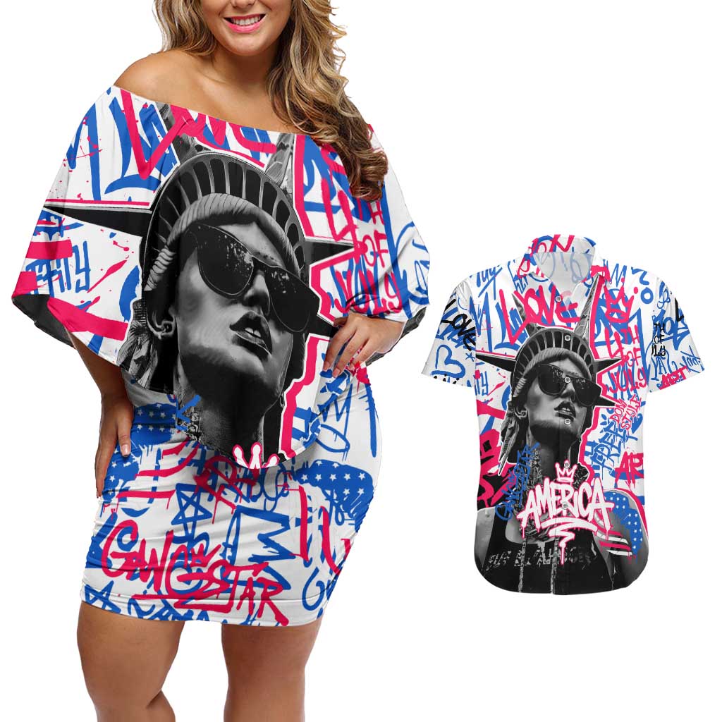 Statue of Liberty Graffiti Street Art Couples Matching Off Shoulder Short Dress and Hawaiian Shirt America Text and 4th of July Theme in Red White and Blue Design - Wonder Print Shop