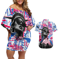 Statue of Liberty Graffiti Street Art Couples Matching Off Shoulder Short Dress and Hawaiian Shirt America Text and 4th of July Theme in Red White and Blue Design - Wonder Print Shop