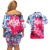 Statue of Liberty Graffiti Street Art Couples Matching Off Shoulder Short Dress and Hawaiian Shirt America Text and 4th of July Theme in Red White and Blue Design - Wonder Print Shop