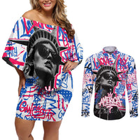 Statue of Liberty Graffiti Street Art Couples Matching Off Shoulder Short Dress and Long Sleeve Button Shirt America Text and 4th of July Theme in Red White and Blue Design - Wonder Print Shop