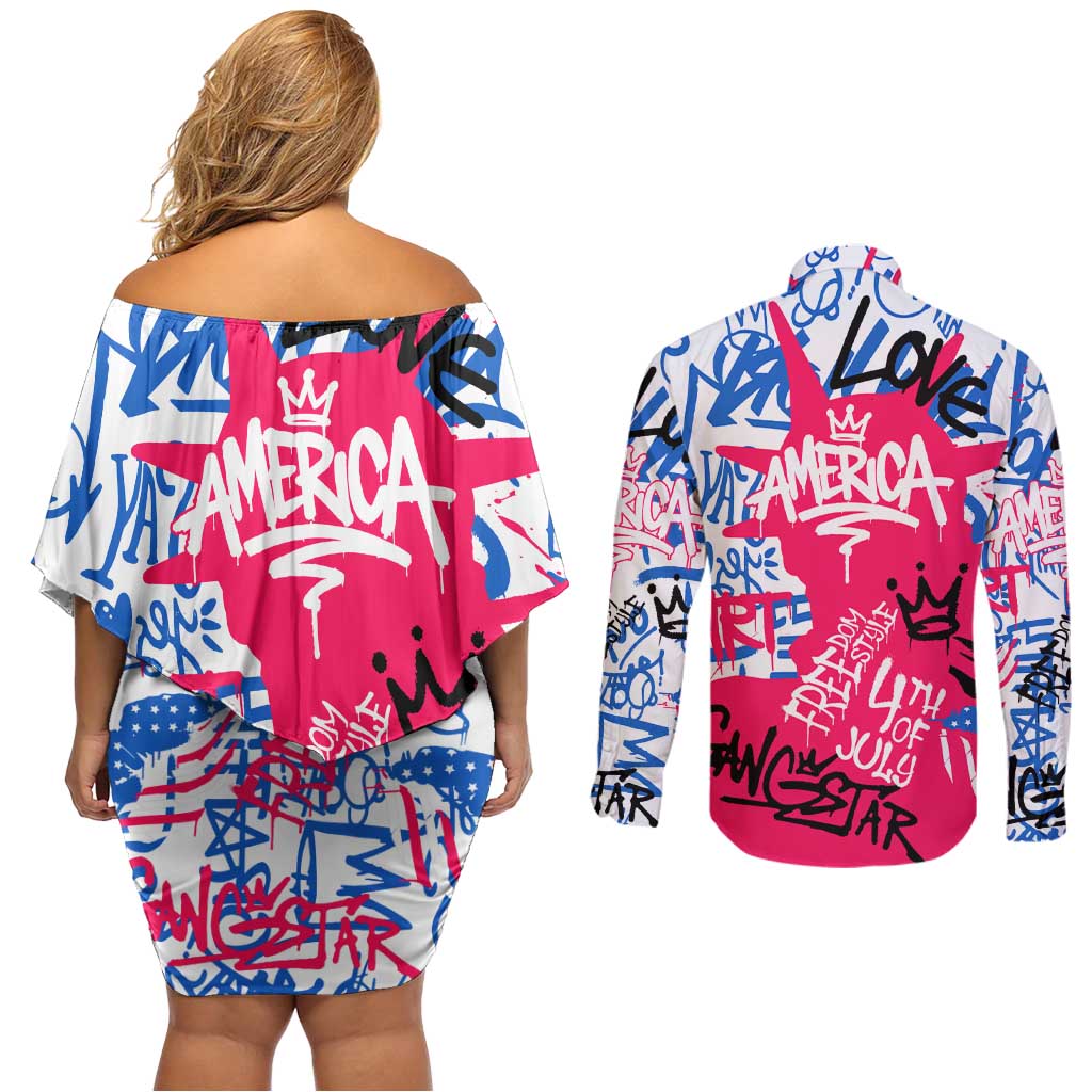 Statue of Liberty Graffiti Street Art Couples Matching Off Shoulder Short Dress and Long Sleeve Button Shirt America Text and 4th of July Theme in Red White and Blue Design - Wonder Print Shop