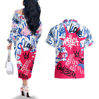 Statue of Liberty Graffiti Street Art Couples Matching Off The Shoulder Long Sleeve Dress and Hawaiian Shirt America Text and 4th of July Theme in Red White and Blue Design - Wonder Print Shop