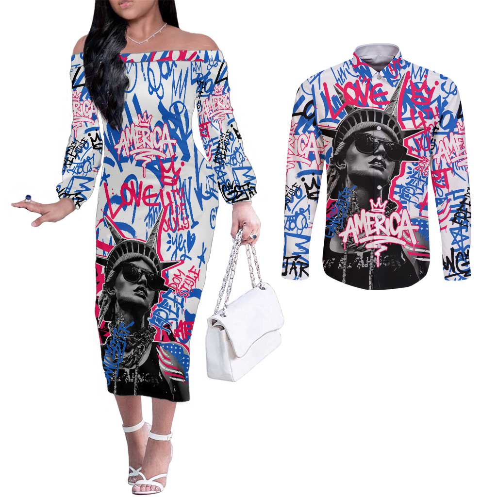 Statue of Liberty Graffiti Street Art Couples Matching Off The Shoulder Long Sleeve Dress and Long Sleeve Button Shirt America Text and 4th of July Theme in Red White and Blue Design - Wonder Print Shop