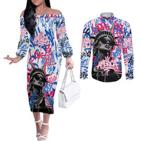 Statue of Liberty Graffiti Street Art Couples Matching Off The Shoulder Long Sleeve Dress and Long Sleeve Button Shirt America Text and 4th of July Theme in Red White and Blue Design - Wonder Print Shop