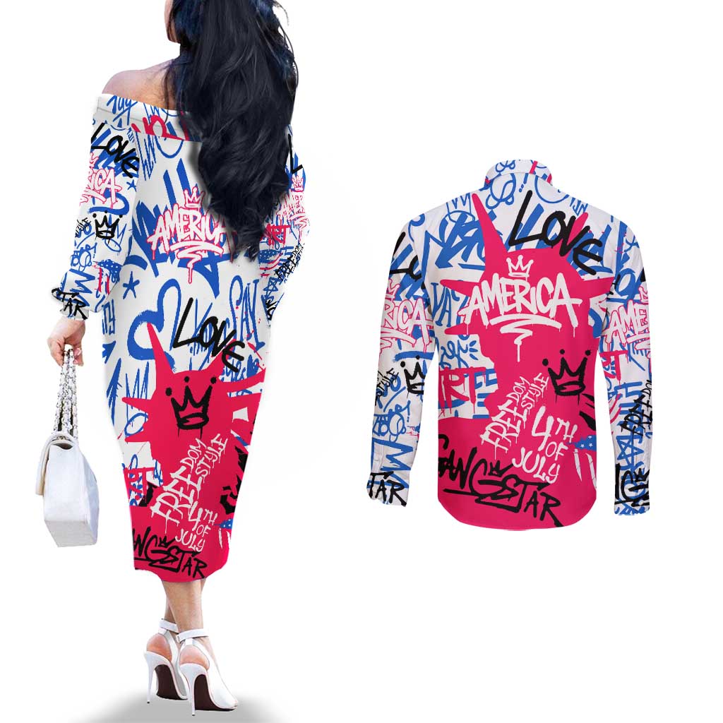 Statue of Liberty Graffiti Street Art Couples Matching Off The Shoulder Long Sleeve Dress and Long Sleeve Button Shirt America Text and 4th of July Theme in Red White and Blue Design - Wonder Print Shop
