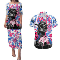 Statue of Liberty Graffiti Street Art Couples Matching Puletasi and Hawaiian Shirt America Text and 4th of July Theme in Red White and Blue Design - Wonder Print Shop