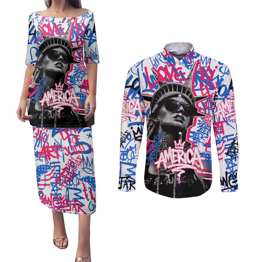 Statue of Liberty Graffiti Street Art Couples Matching Puletasi and Long Sleeve Button Shirt America Text and 4th of July Theme in Red White and Blue Design - Wonder Print Shop
