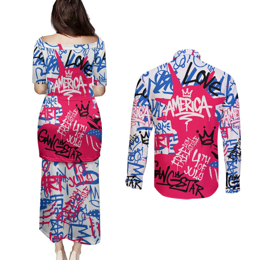 Statue of Liberty Graffiti Street Art Couples Matching Puletasi and Long Sleeve Button Shirt America Text and 4th of July Theme in Red White and Blue Design - Wonder Print Shop