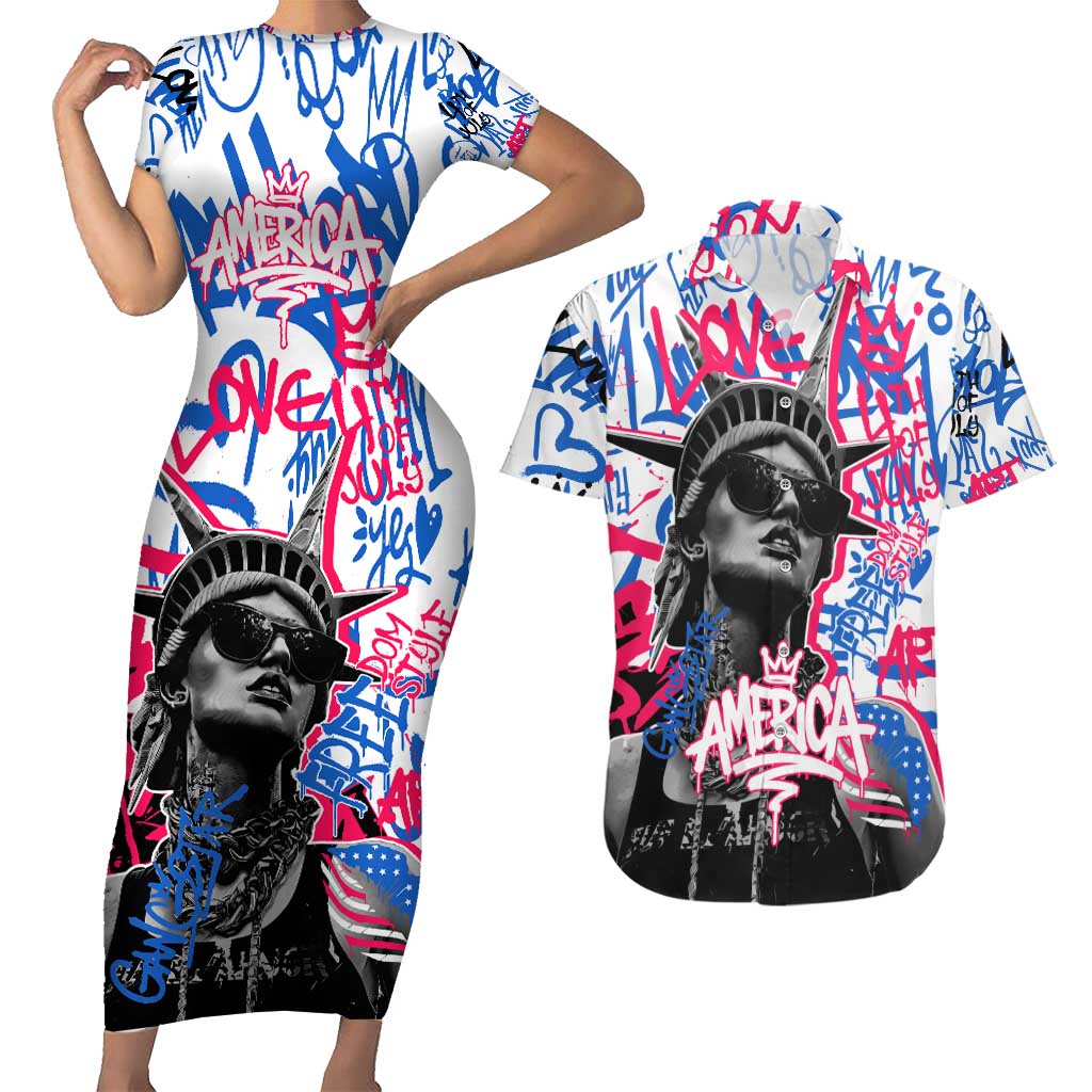 Statue of Liberty Graffiti Street Art Couples Matching Short Sleeve Bodycon Dress and Hawaiian Shirt America Text and 4th of July Theme in Red White and Blue Design - Wonder Print Shop