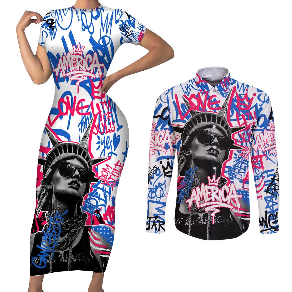 Statue of Liberty Graffiti Street Art Couples Matching Short Sleeve Bodycon Dress and Long Sleeve Button Shirt America Text and 4th of July Theme in Red White and Blue Design - Wonder Print Shop