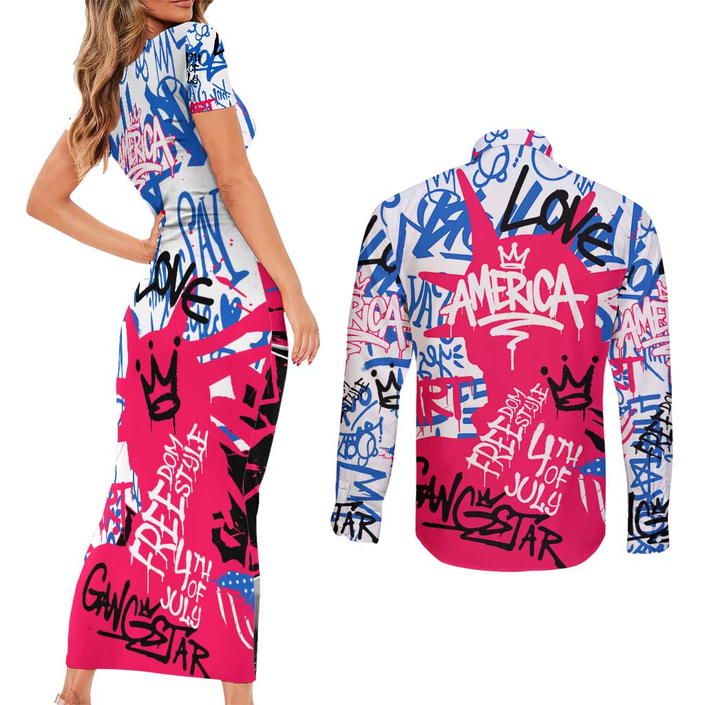 Statue of Liberty Graffiti Street Art Couples Matching Short Sleeve Bodycon Dress and Long Sleeve Button Shirt America Text and 4th of July Theme in Red White and Blue Design - Wonder Print Shop