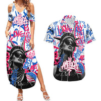 Statue of Liberty Graffiti Street Art Couples Matching Summer Maxi Dress and Hawaiian Shirt America Text and 4th of July Theme in Red White and Blue Design - Wonder Print Shop