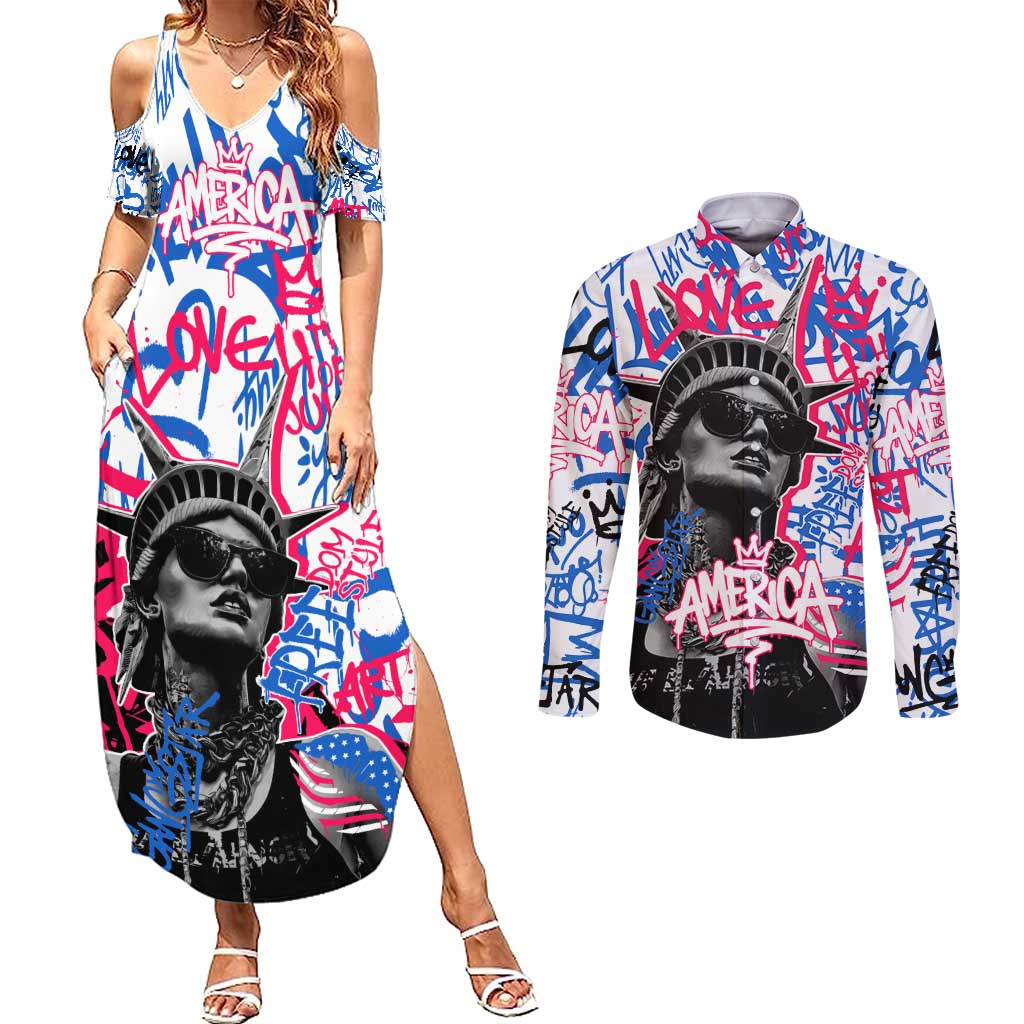 Statue of Liberty Graffiti Street Art Couples Matching Summer Maxi Dress and Long Sleeve Button Shirt America Text and 4th of July Theme in Red White and Blue Design - Wonder Print Shop