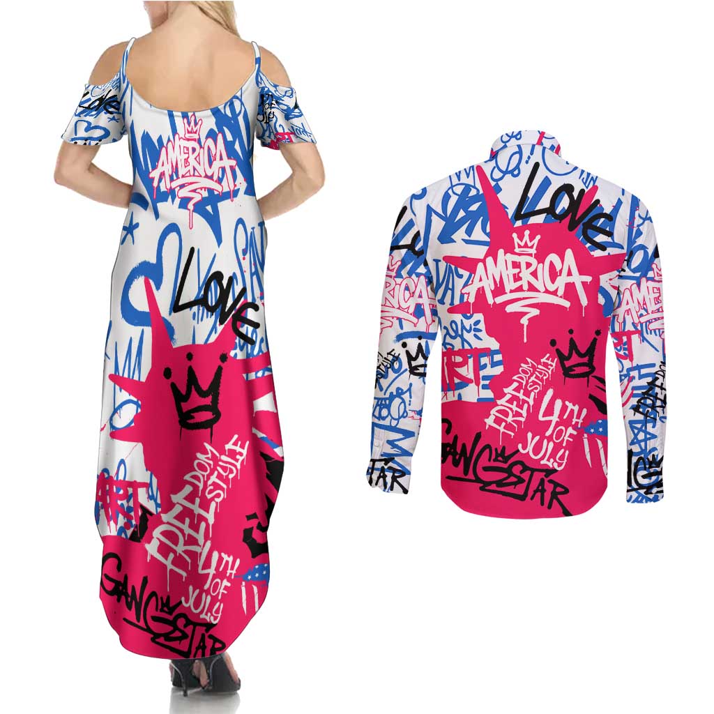 Statue of Liberty Graffiti Street Art Couples Matching Summer Maxi Dress and Long Sleeve Button Shirt America Text and 4th of July Theme in Red White and Blue Design - Wonder Print Shop