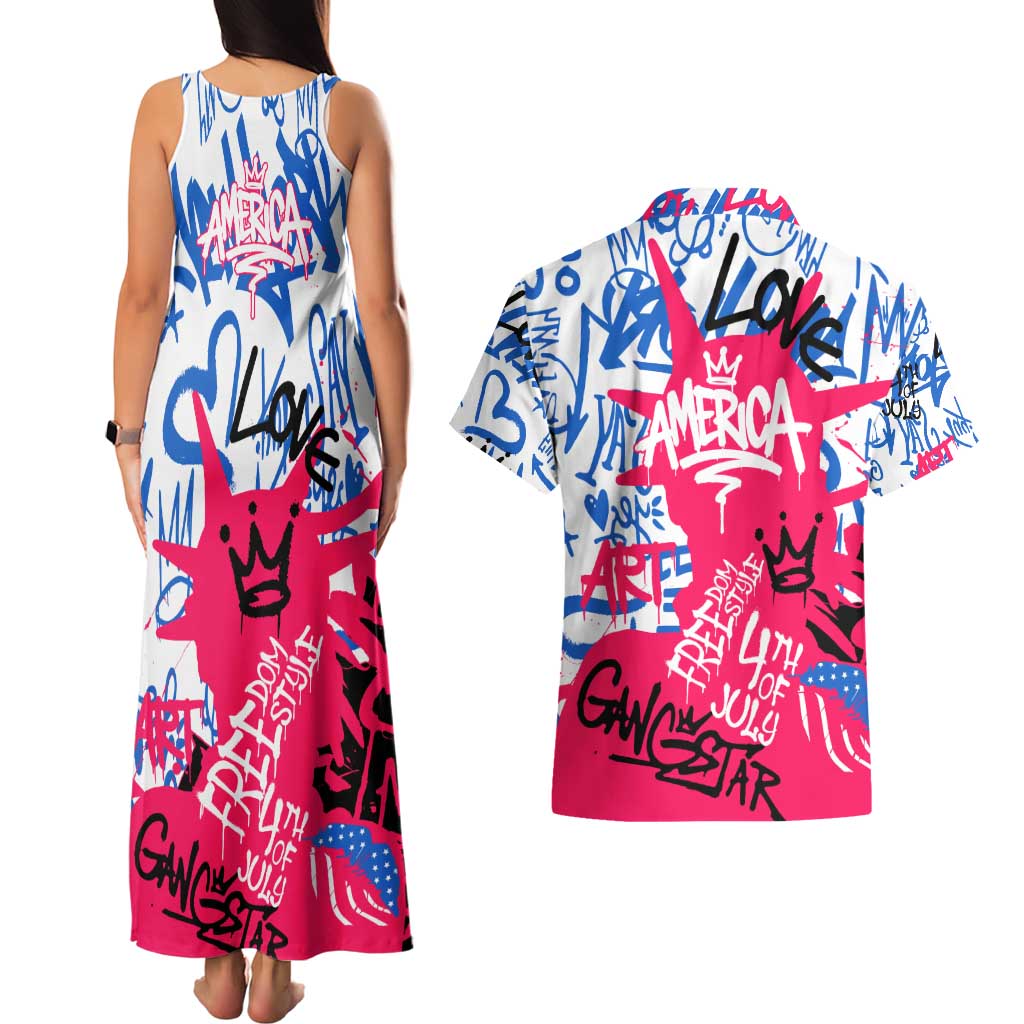Statue of Liberty Graffiti Street Art Couples Matching Tank Maxi Dress and Hawaiian Shirt America Text and 4th of July Theme in Red White and Blue Design - Wonder Print Shop