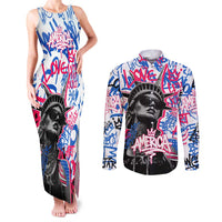 Statue of Liberty Graffiti Street Art Couples Matching Tank Maxi Dress and Long Sleeve Button Shirt America Text and 4th of July Theme in Red White and Blue Design - Wonder Print Shop