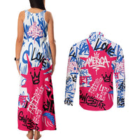 Statue of Liberty Graffiti Street Art Couples Matching Tank Maxi Dress and Long Sleeve Button Shirt America Text and 4th of July Theme in Red White and Blue Design - Wonder Print Shop