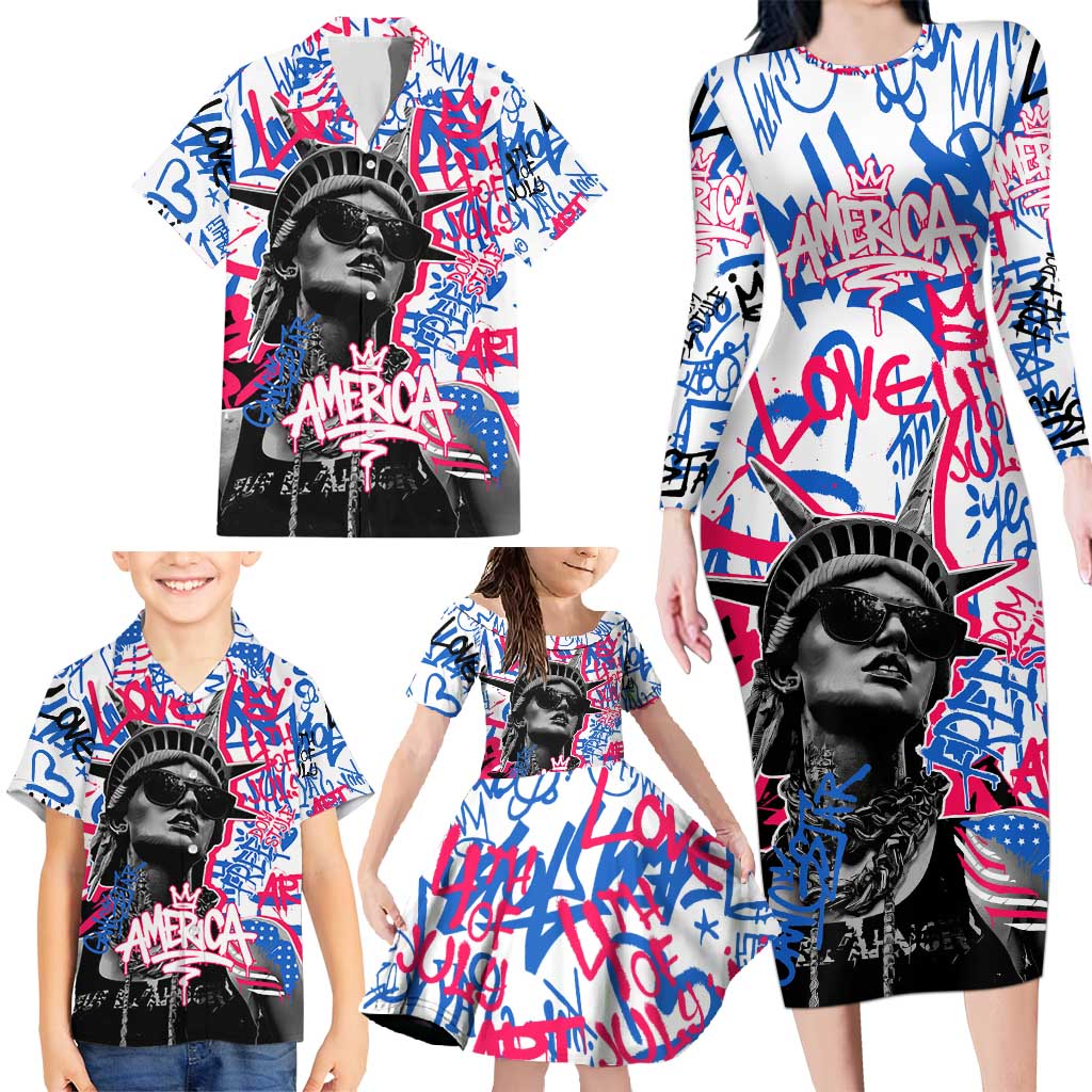 Statue of Liberty Graffiti Street Art Family Matching Long Sleeve Bodycon Dress and Hawaiian Shirt America Text and 4th of July Theme in Red White and Blue Design - Wonder Print Shop