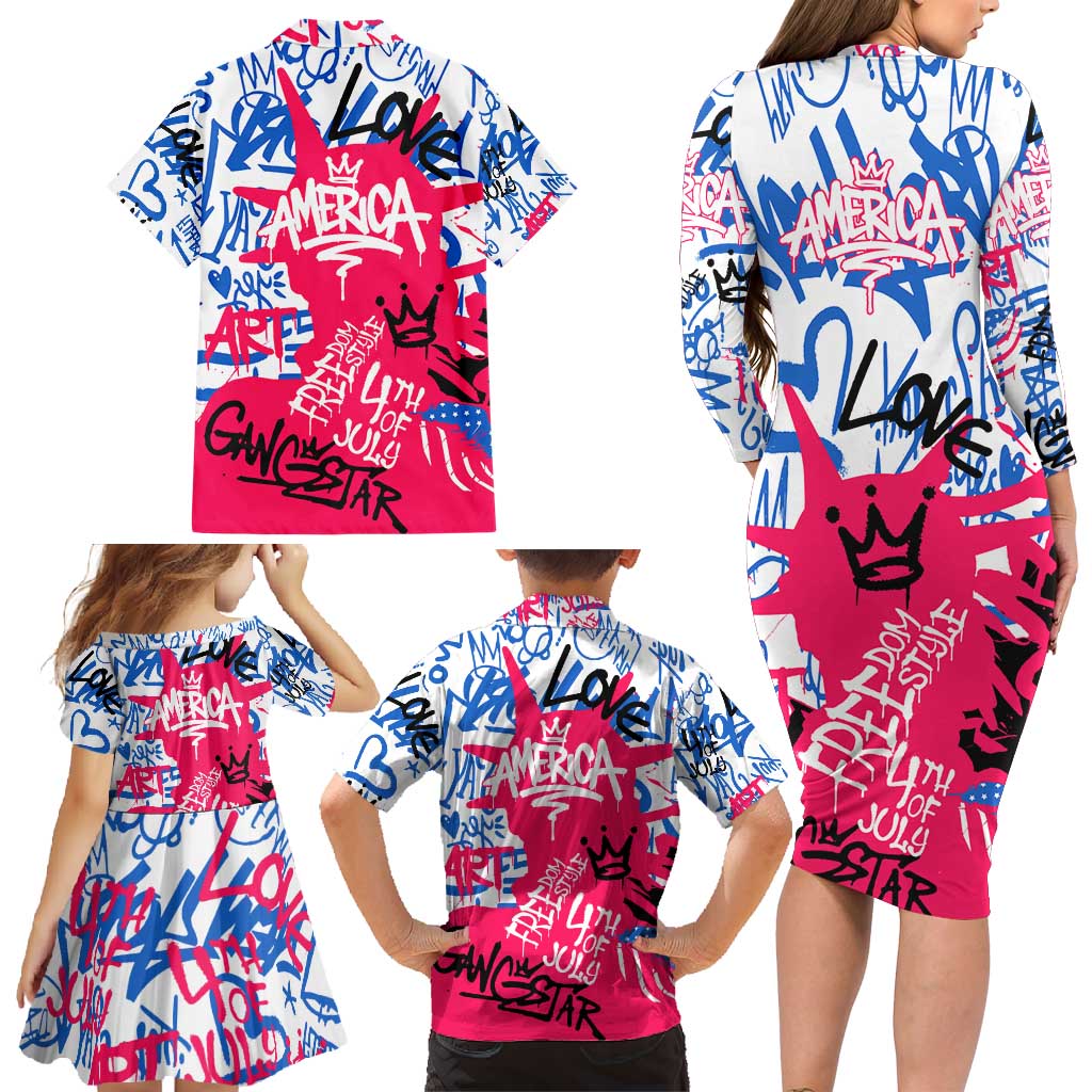 Statue of Liberty Graffiti Street Art Family Matching Long Sleeve Bodycon Dress and Hawaiian Shirt America Text and 4th of July Theme in Red White and Blue Design - Wonder Print Shop