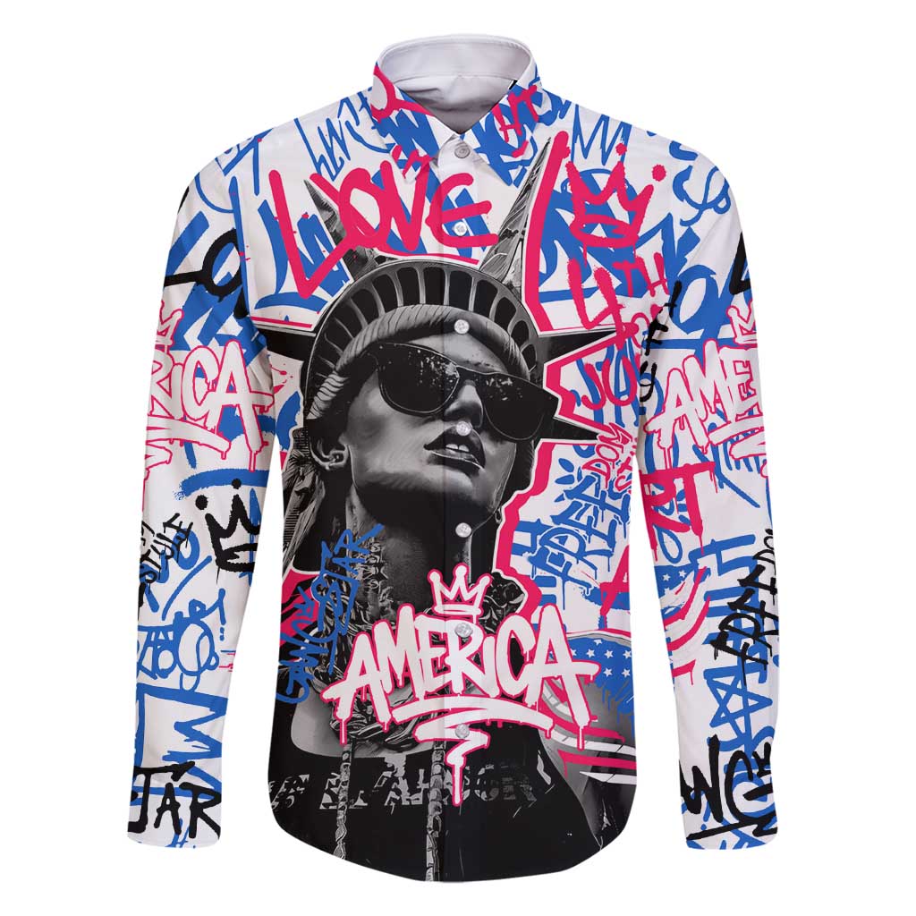 Statue of Liberty Graffiti Street Art Family Matching Long Sleeve Bodycon Dress and Hawaiian Shirt America Text and 4th of July Theme in Red White and Blue Design - Wonder Print Shop