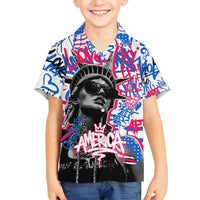Statue of Liberty Graffiti Street Art Family Matching Long Sleeve Bodycon Dress and Hawaiian Shirt America Text and 4th of July Theme in Red White and Blue Design - Wonder Print Shop