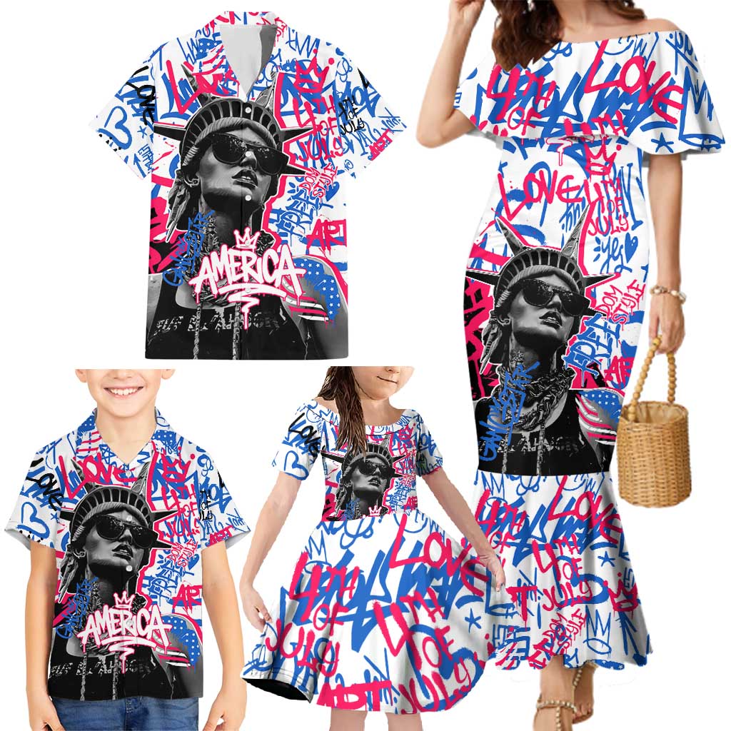 Statue of Liberty Graffiti Street Art Family Matching Mermaid Dress and Hawaiian Shirt America Text and 4th of July Theme in Red White and Blue Design - Wonder Print Shop