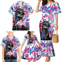 Statue of Liberty Graffiti Street Art Family Matching Mermaid Dress and Hawaiian Shirt America Text and 4th of July Theme in Red White and Blue Design - Wonder Print Shop