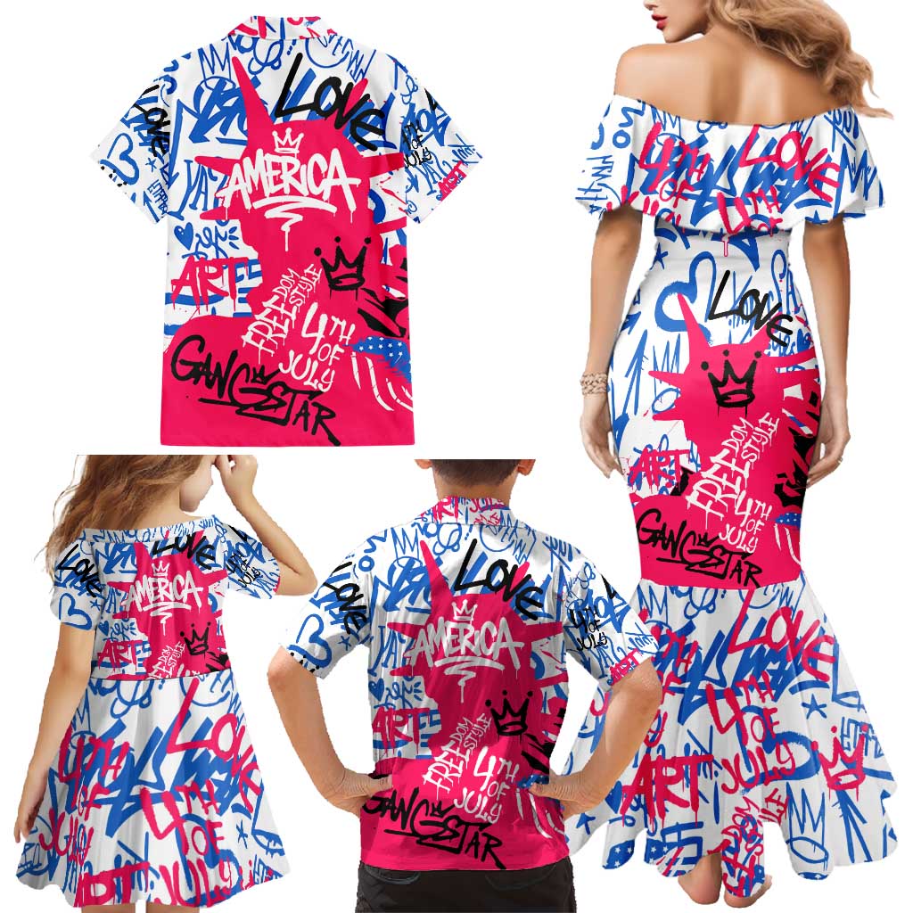 Statue of Liberty Graffiti Street Art Family Matching Mermaid Dress and Hawaiian Shirt America Text and 4th of July Theme in Red White and Blue Design - Wonder Print Shop