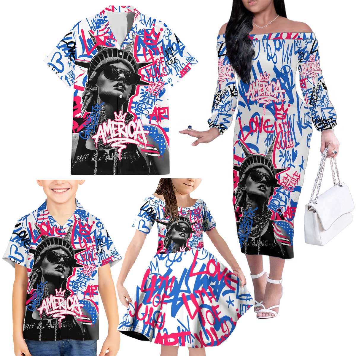 Statue of Liberty Graffiti Street Art Family Matching Off The Shoulder Long Sleeve Dress and Hawaiian Shirt America Text and 4th of July Theme in Red White and Blue Design - Wonder Print Shop