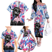 Statue of Liberty Graffiti Street Art Family Matching Off The Shoulder Long Sleeve Dress and Hawaiian Shirt America Text and 4th of July Theme in Red White and Blue Design - Wonder Print Shop