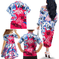 Statue of Liberty Graffiti Street Art Family Matching Off The Shoulder Long Sleeve Dress and Hawaiian Shirt America Text and 4th of July Theme in Red White and Blue Design - Wonder Print Shop