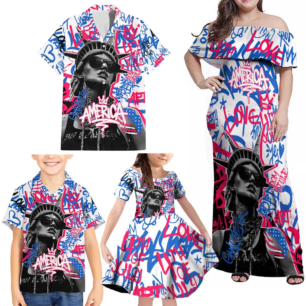 Statue of Liberty Graffiti Street Art Family Matching Off Shoulder Maxi Dress and Hawaiian Shirt America Text and 4th of July Theme in Red White and Blue Design - Wonder Print Shop