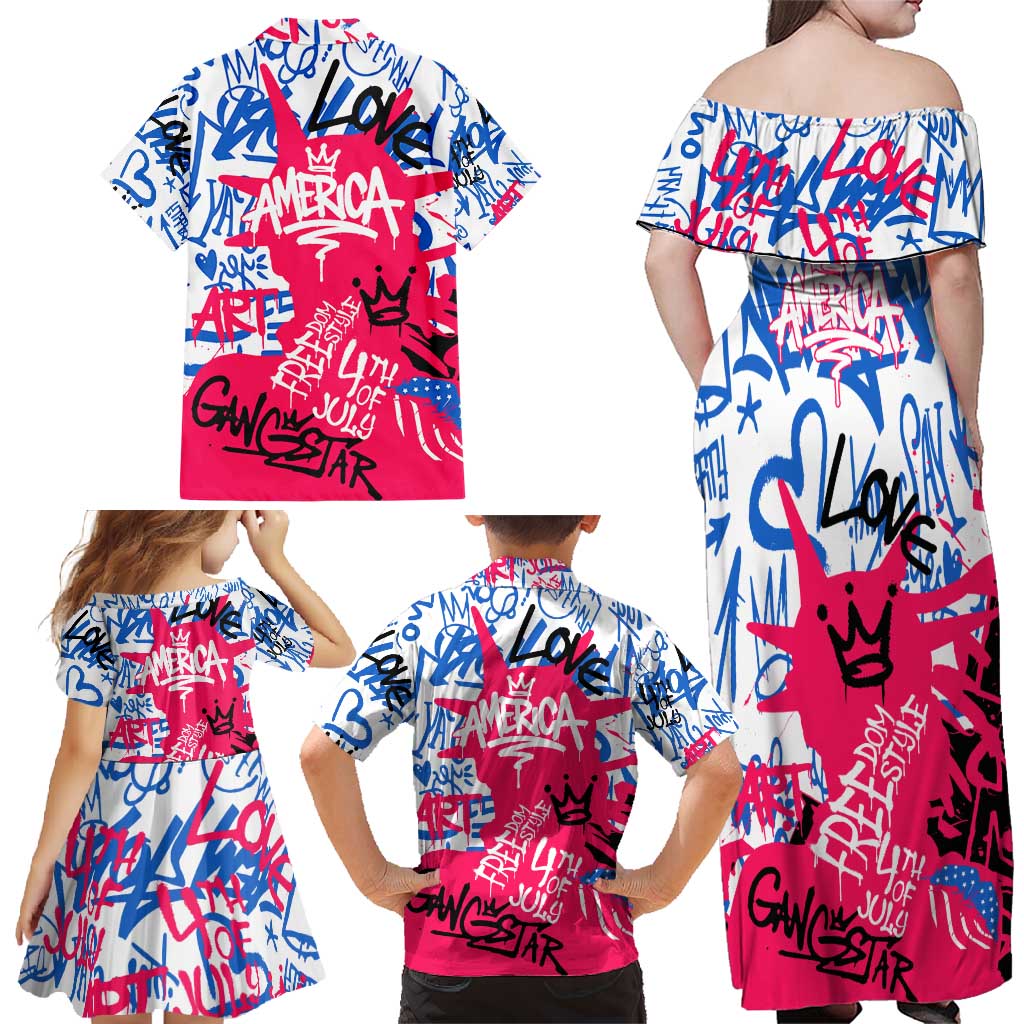 Statue of Liberty Graffiti Street Art Family Matching Off Shoulder Maxi Dress and Hawaiian Shirt America Text and 4th of July Theme in Red White and Blue Design - Wonder Print Shop