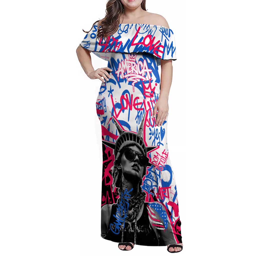 Statue of Liberty Graffiti Street Art Family Matching Off Shoulder Maxi Dress and Hawaiian Shirt America Text and 4th of July Theme in Red White and Blue Design - Wonder Print Shop