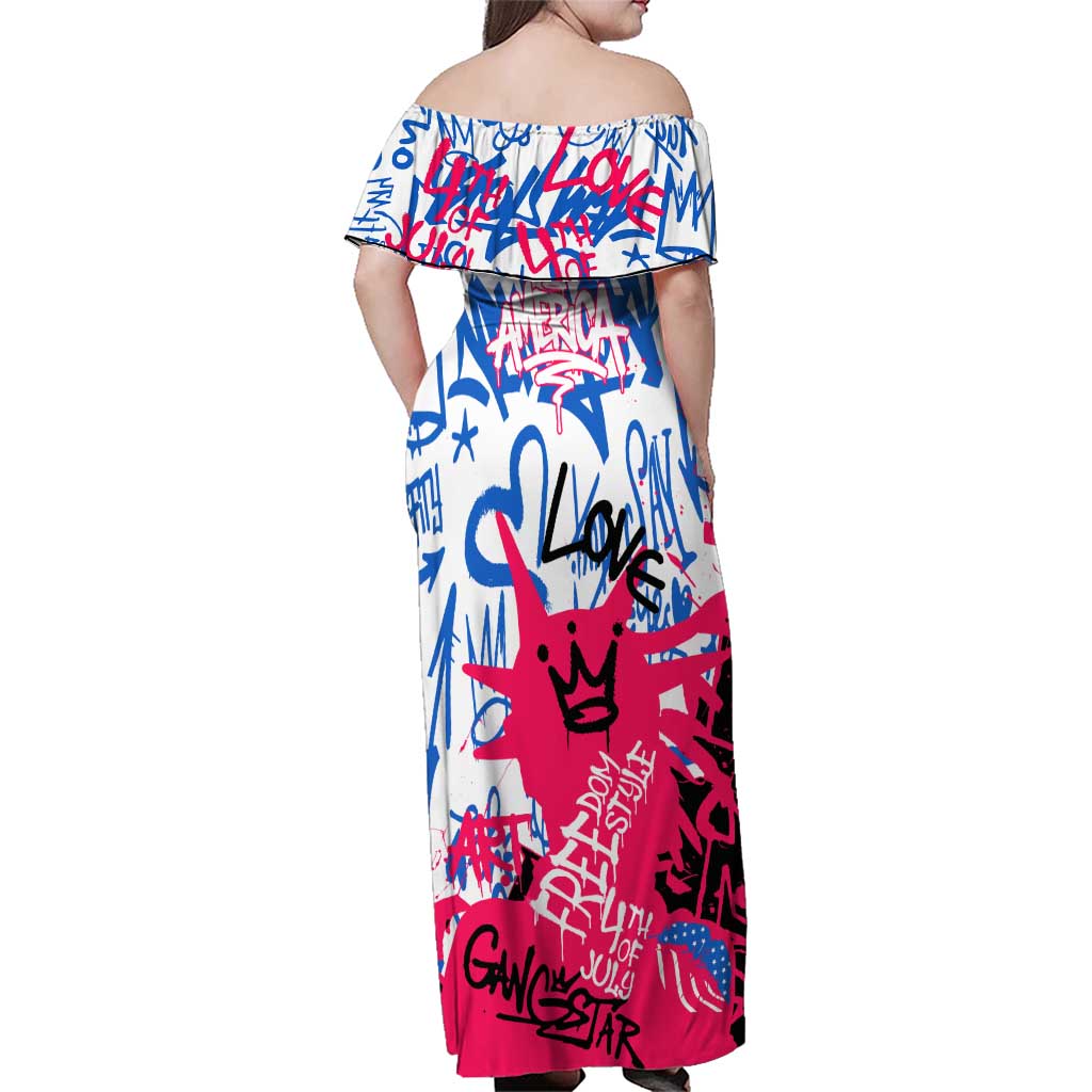 Statue of Liberty Graffiti Street Art Family Matching Off Shoulder Maxi Dress and Hawaiian Shirt America Text and 4th of July Theme in Red White and Blue Design - Wonder Print Shop