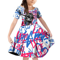 Statue of Liberty Graffiti Street Art Family Matching Off Shoulder Short Dress and Hawaiian Shirt America Text and 4th of July Theme in Red White and Blue Design - Wonder Print Shop
