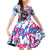 Statue of Liberty Graffiti Street Art Family Matching Off Shoulder Short Dress and Hawaiian Shirt America Text and 4th of July Theme in Red White and Blue Design - Wonder Print Shop