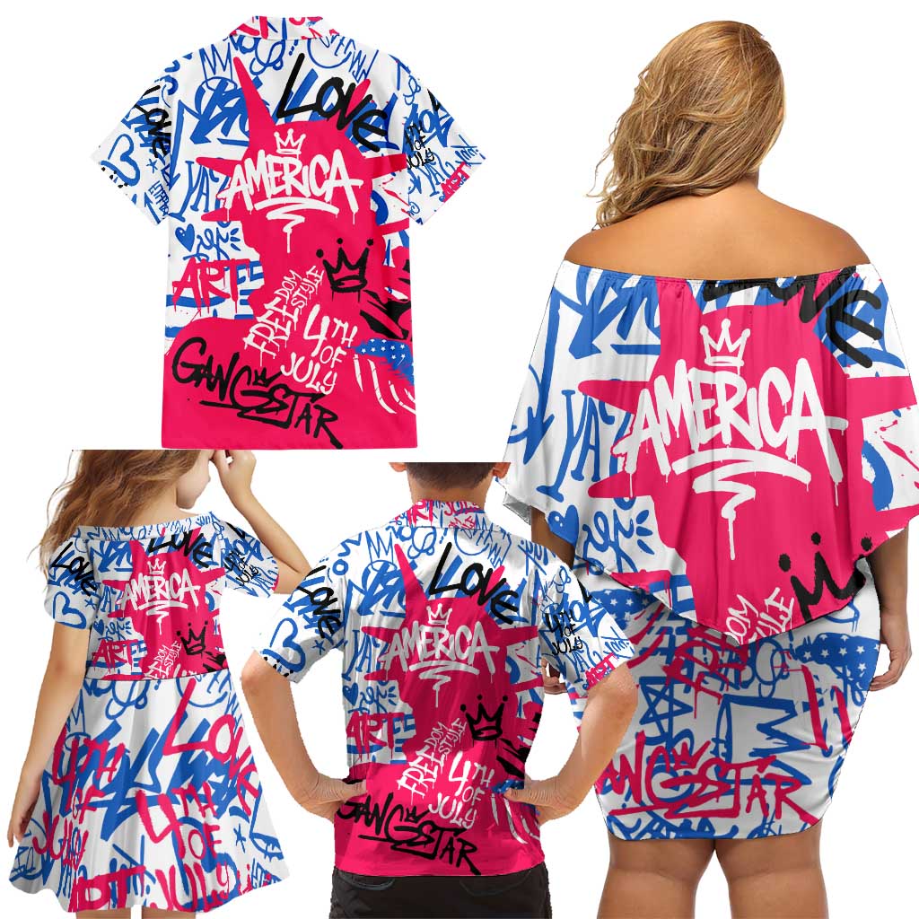 Statue of Liberty Graffiti Street Art Family Matching Off Shoulder Short Dress and Hawaiian Shirt America Text and 4th of July Theme in Red White and Blue Design - Wonder Print Shop