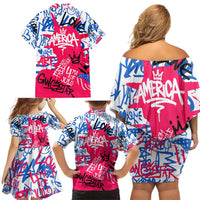 Statue of Liberty Graffiti Street Art Family Matching Off Shoulder Short Dress and Hawaiian Shirt America Text and 4th of July Theme in Red White and Blue Design - Wonder Print Shop