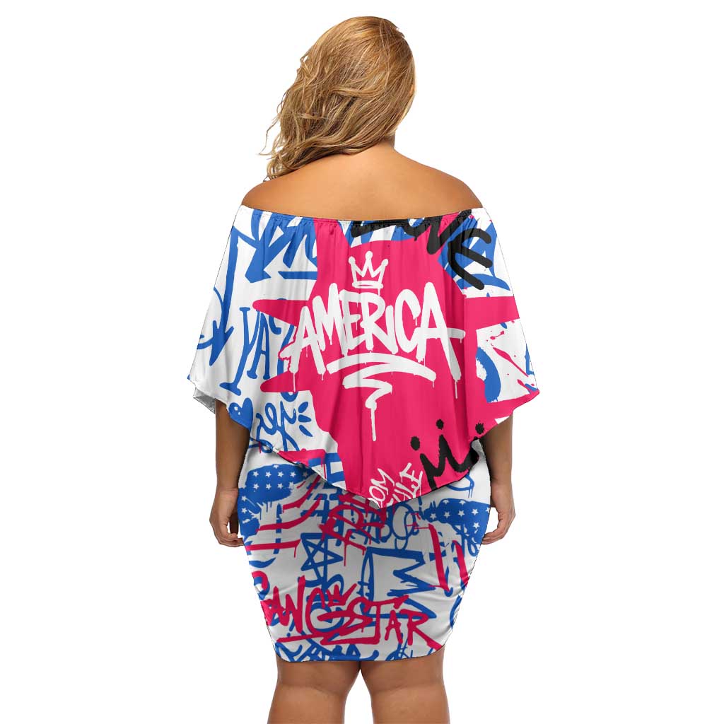 Statue of Liberty Graffiti Street Art Family Matching Off Shoulder Short Dress and Hawaiian Shirt America Text and 4th of July Theme in Red White and Blue Design - Wonder Print Shop