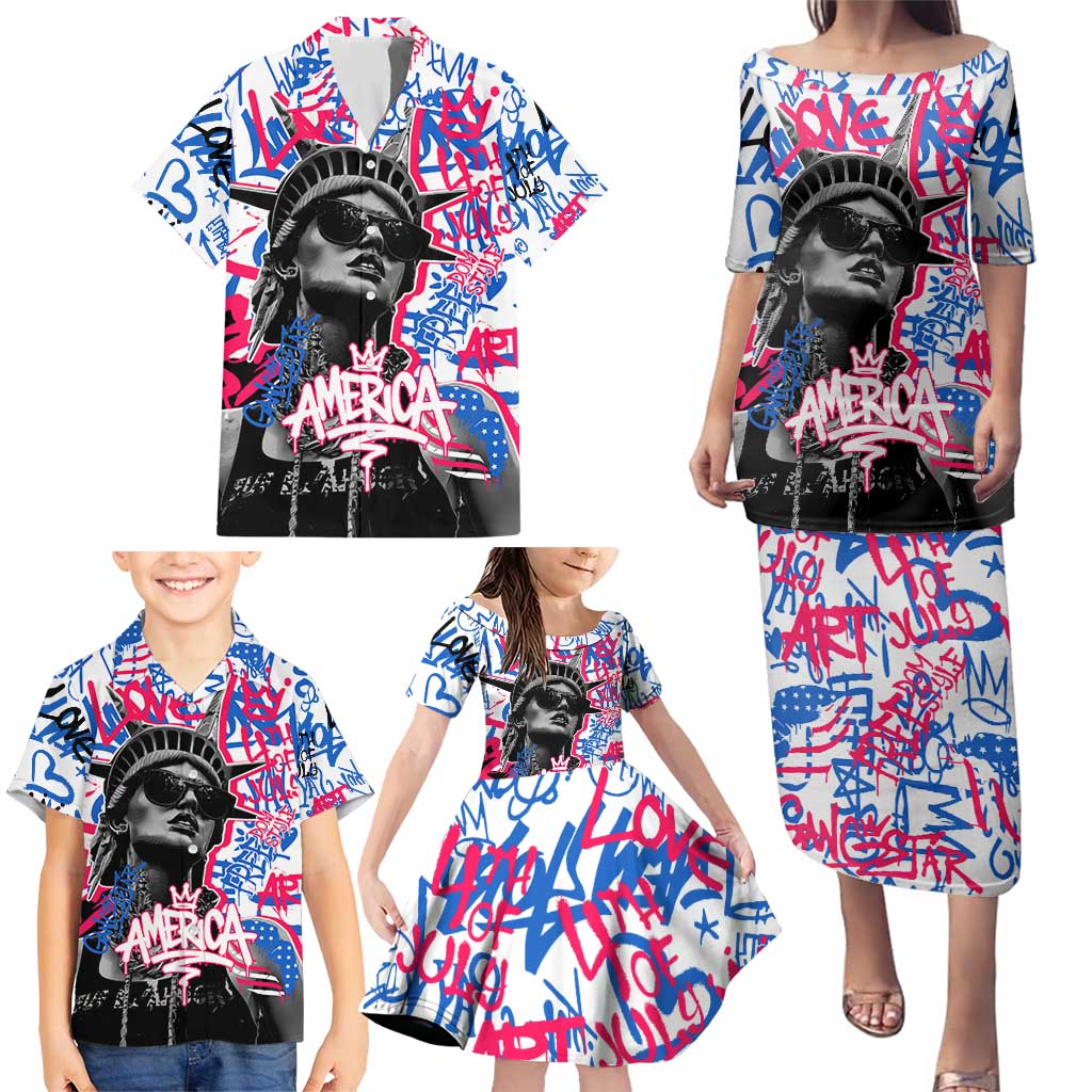 Statue of Liberty Graffiti Street Art Family Matching Puletasi and Hawaiian Shirt America Text and 4th of July Theme in Red White and Blue Design - Wonder Print Shop