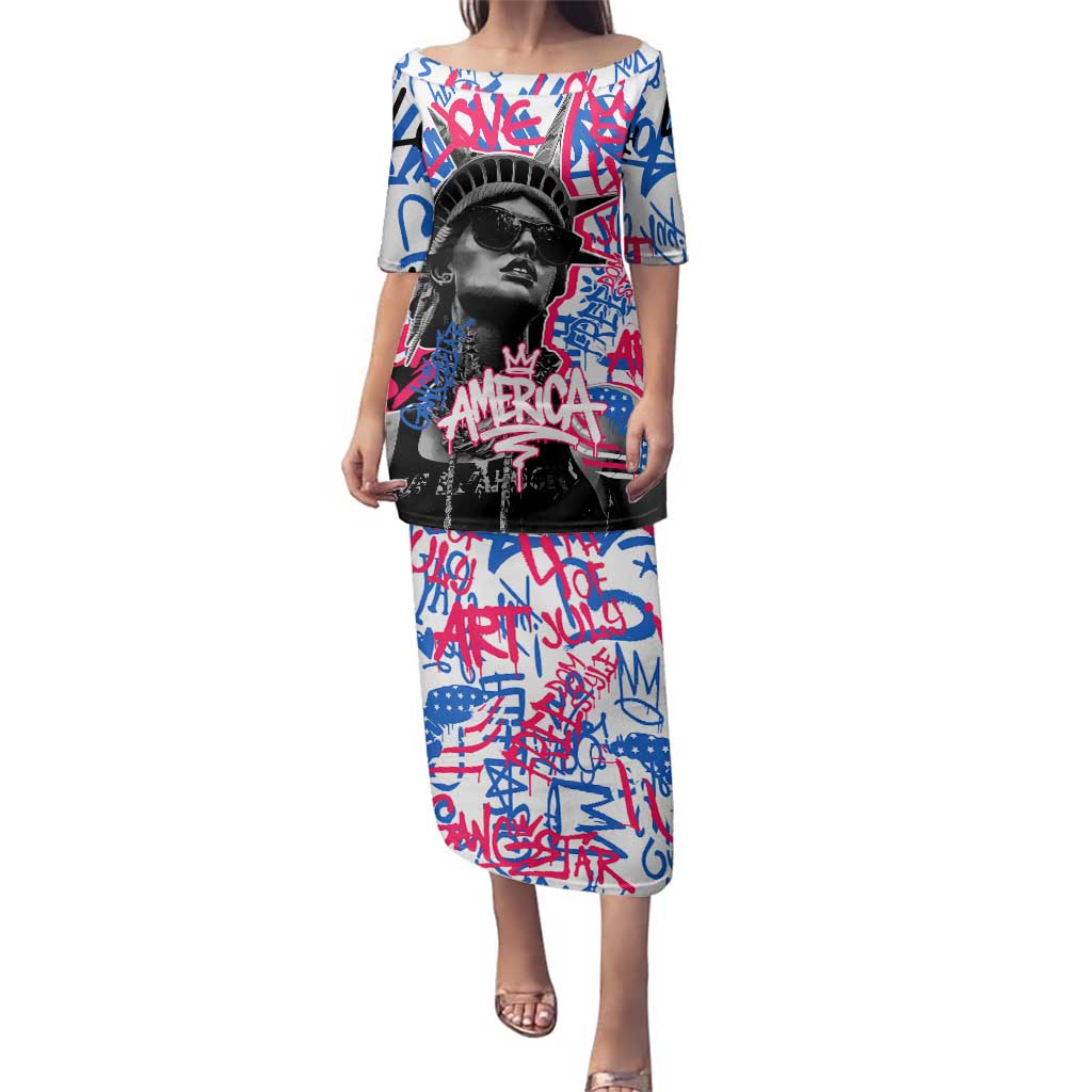 Statue of Liberty Graffiti Street Art Family Matching Puletasi and Hawaiian Shirt America Text and 4th of July Theme in Red White and Blue Design - Wonder Print Shop