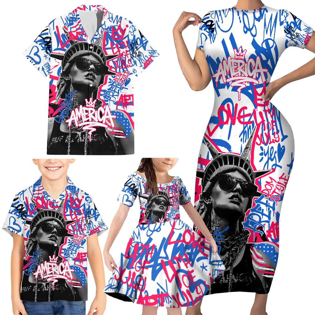 Statue of Liberty Graffiti Street Art Family Matching Short Sleeve Bodycon Dress and Hawaiian Shirt America Text and 4th of July Theme in Red White and Blue Design - Wonder Print Shop