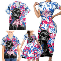 Statue of Liberty Graffiti Street Art Family Matching Short Sleeve Bodycon Dress and Hawaiian Shirt America Text and 4th of July Theme in Red White and Blue Design - Wonder Print Shop