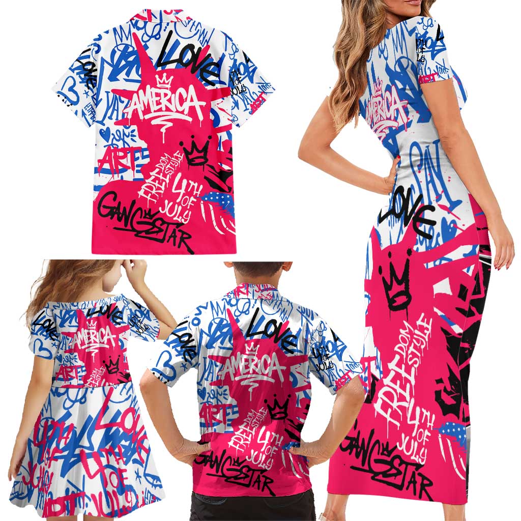 Statue of Liberty Graffiti Street Art Family Matching Short Sleeve Bodycon Dress and Hawaiian Shirt America Text and 4th of July Theme in Red White and Blue Design - Wonder Print Shop